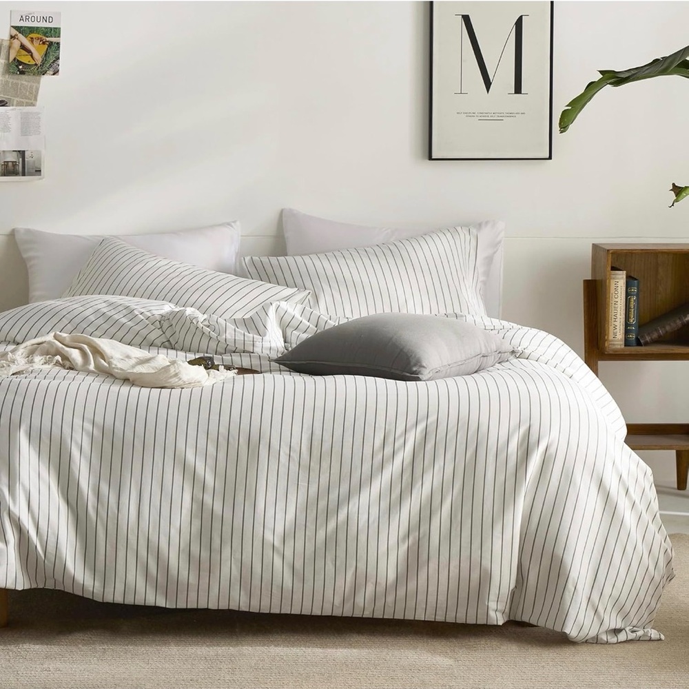 JELLYMONI Striped Duvet Cover Set - Full Size 100% Cotton - 3PCS White & Grey